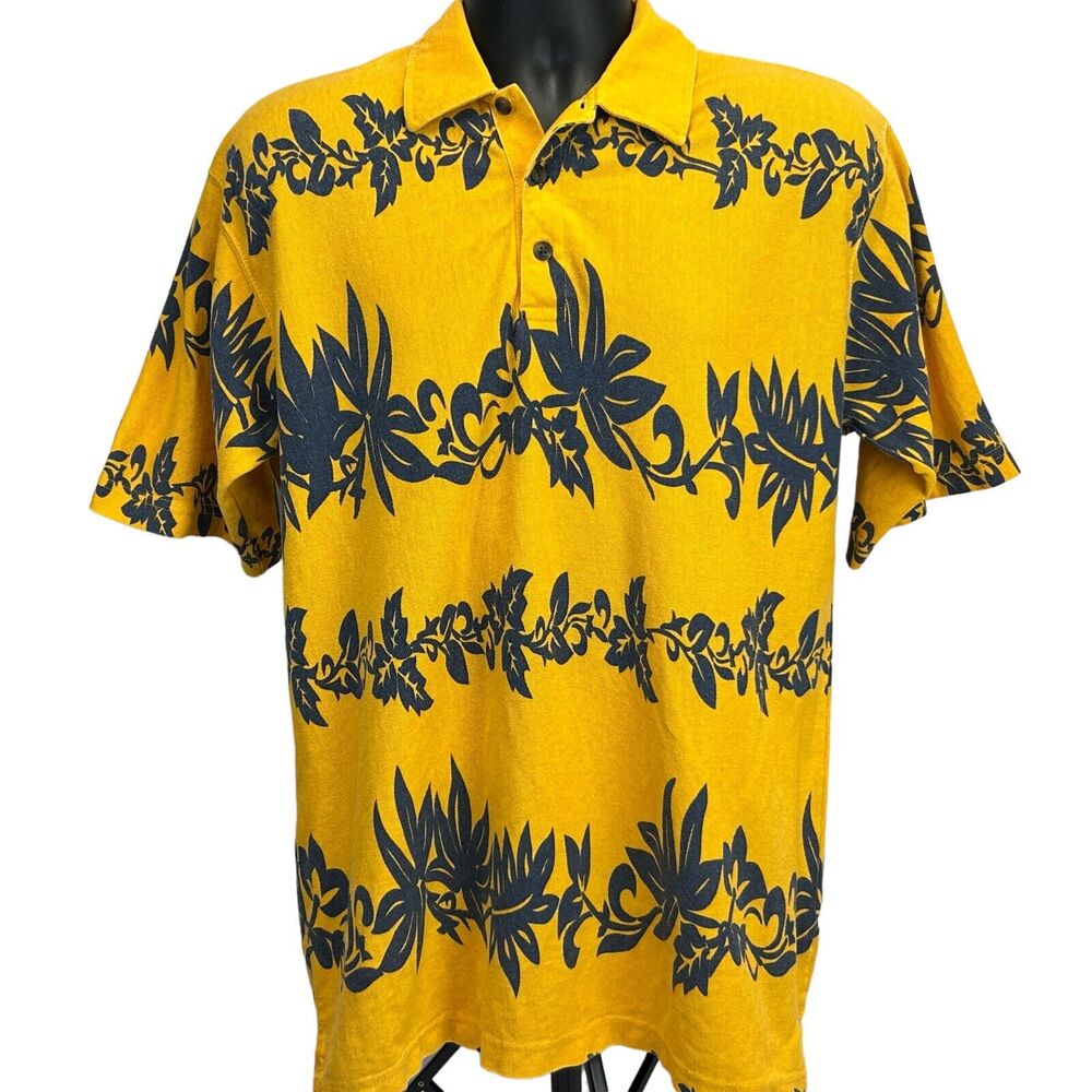 Faded Glory Hawaiian Polo Shirt Mens L Large Floral Striped Yellow Blue